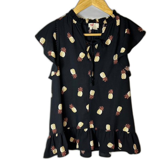 Kate Spade NY Black Yellow Pineapple Print V-Neck Ruffle Hem Blouse Size XXS - Picture 3 of 13